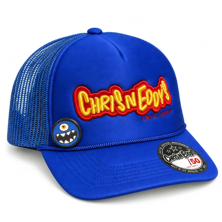 Three-quarter view of the Foam Trucker showing the blue mesh side panel and the /50 bill sticker