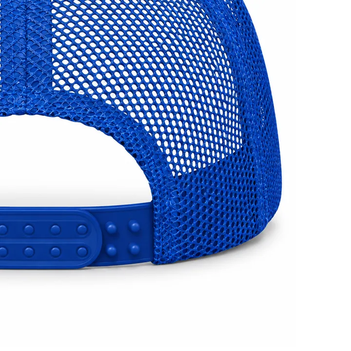 Close-up of the double-row blue snapback closure and mesh back
